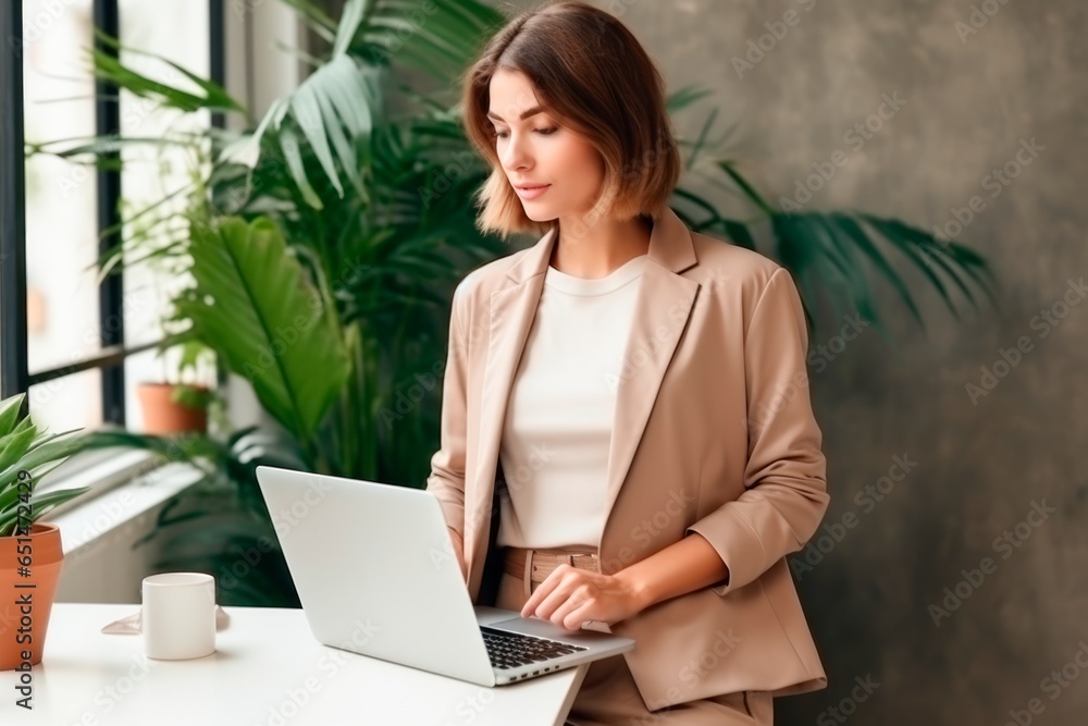 businesswoman works with laptop at desk in an office businesswoman works with laptop at desk in an office
