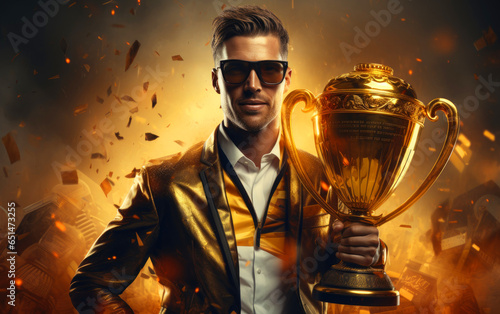 Super excited sportsman winner with sports cup celebrating victory. Generative AI