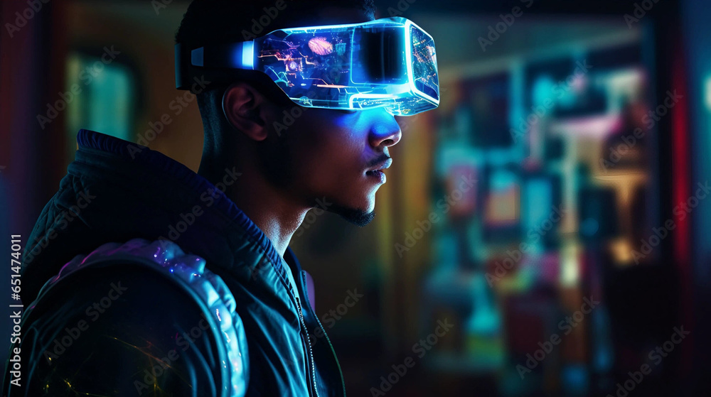 A Dark-Skinned Teenage Boy Wearing a Virtual Reality Headset Surrounded by Holograms A Dark-Skinned Teenage Boy Wearing a Virtual Reality Headset Surrounded by Holograms