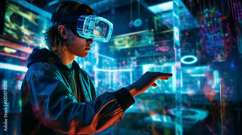 A Caucasian Teenage Boy Wearing a Virtual Reality Headset Surrounded by Holograms