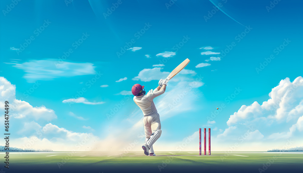 Illustration of cricket player with cricket bat in hands playing game on green cricket field in front of huge blue sky. Illustration of cricket player with cricket bat in hands playing game on green cricket field in front of huge blue sky.