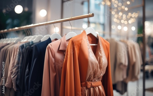 Fashion clothes in a trendy luxury boutique store, blurred background. Generative AI