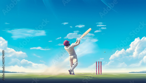 Illustration of cricket player with  cricket bat in hands playing game on green cricket field in front of huge blue sky. 