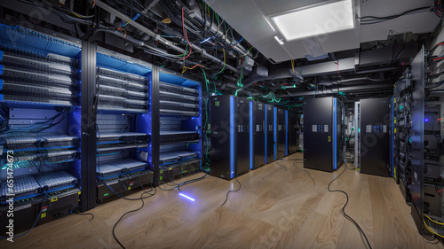 Server room with switch, internet cables and wires. IT equipment and sensitive data. Fiber optic equipment in data centers.