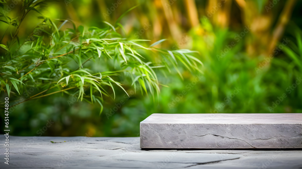 Rectangle grey stone podium for presentation of goods and product in front of green tropical background with bamboo leaves.