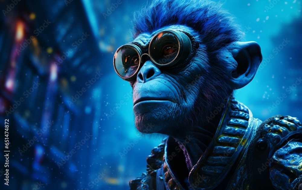 Blue-Skinned Toxic Waste Mutant Monkey with Scientific Twist - obrazy, fototapety, plakaty 
