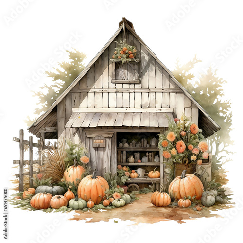 White Pumpkin Barn Watercolor Clipart  Rustic Barn Illustration  Autumn Decoration