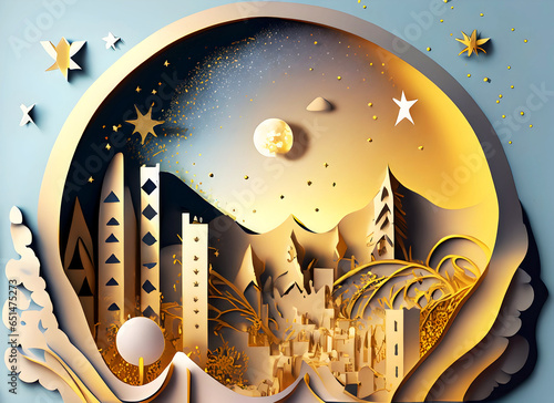 3D paper cut, Christmas golden, city, moon for background, Generative AI.