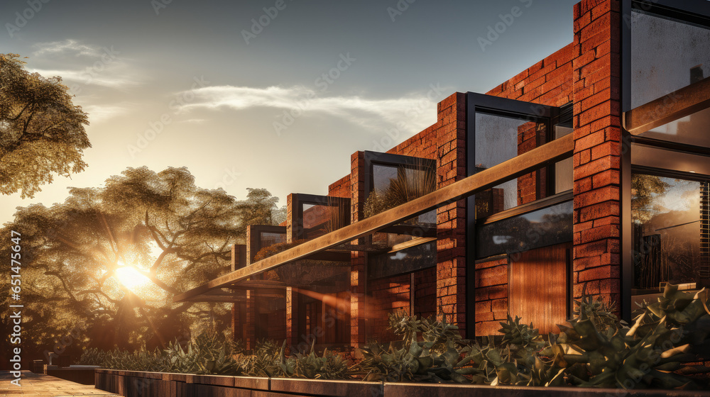 modern brick building with warm sunlight created with Generative AI technology modern brick building with warm sunlight created with Generative AI technology