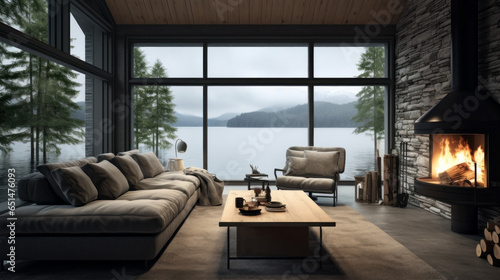 Nordic Lakeside Cabin Retreat  Inspired by lakeside cabins  this room features wooden paneling  a stone fireplace  and cozy seating with serene lake views