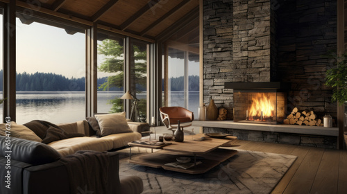 Nordic Lakeside Cottage Lounge Inspired by lakeside cottages, with wooden paneling, a stone fireplace, and comfortable seating offering tranquil lake views