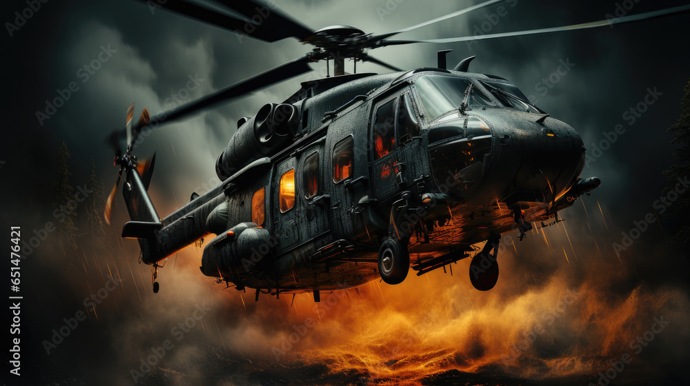 helicopter in flight at war scene created with Generative AI technology helicopter in flight at war scene created with Generative AI technology