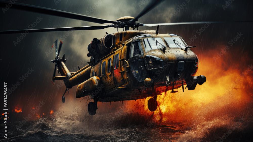 helicopter in flight at war scene created with Generative AI technology helicopter in flight at war scene created with Generative AI technology