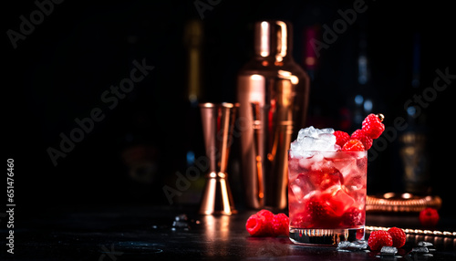 Fotografie Rosso berry crush red cocktail drink with vermouth, raspberries, currants and ic