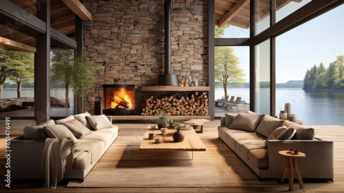 Nordic Lakeside Cottage Lounge Inspired by lakeside cottages, with wooden paneling, a stone fireplace, and comfortable seating offering tranquil lake views © Textures & Patterns