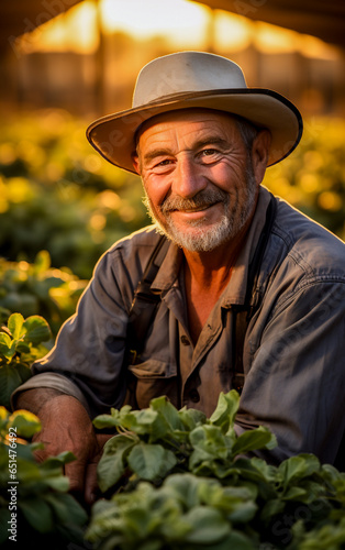 A farmer man is harvesting vegetables in his large vegetable garden