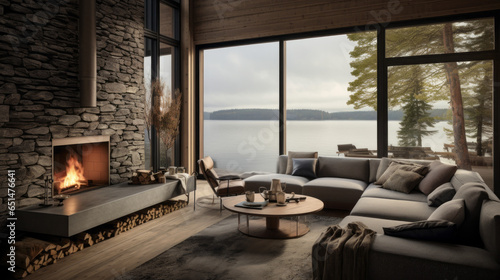 Nordic Lakeside Cottage Lounge Inspired by lakeside cottages, with wooden paneling, a stone fireplace, and comfortable seating with lake views © Textures & Patterns