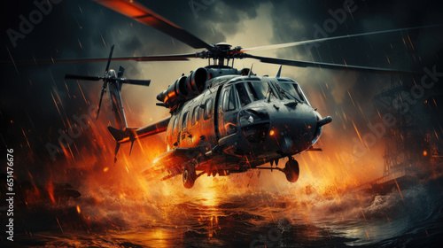 helicopter in flight at war scene created with Generative AI technology photo