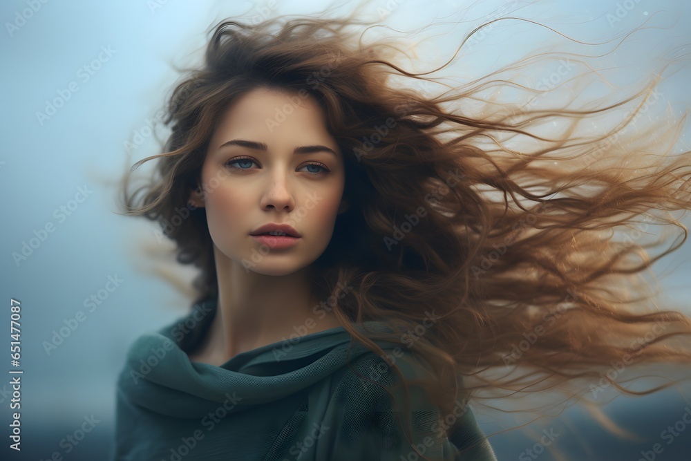 Naklejka premium Mesmerizing Hair in the Wind: Woman's Poetic Stance - Royalty-Free