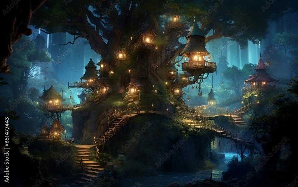 Digital Fairy Treehouse Village in Artistic Style