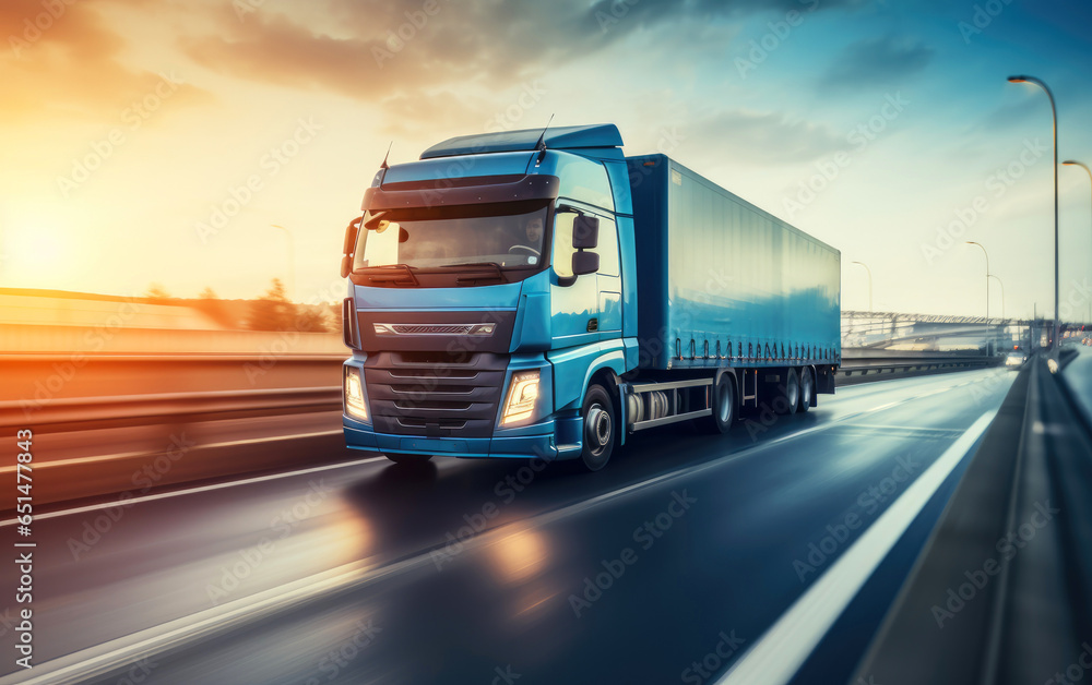 Modern lorry on the highway, cargo transportation concept. Generative AI Modern lorry on the highway, cargo transportation concept. Generative AI