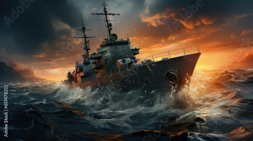 warship in a storm created with Generative AI technology
