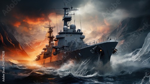 warship in a storm created with Generative AI technology © Robert Herhold