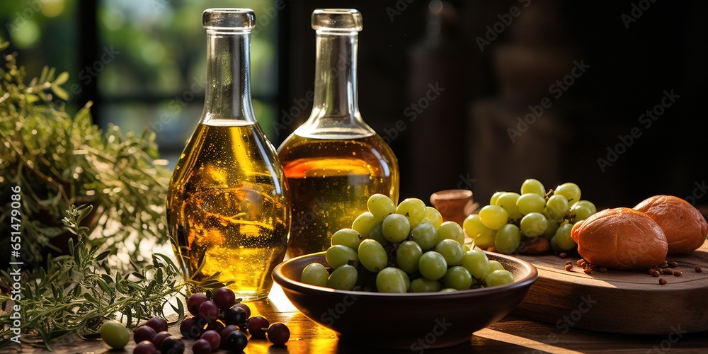 Bottles and carafes with olive oil and fresh olives on wooden table. Ingredients for cooking Bottles and carafes with olive oil and fresh olives on wooden table. Ingredients for cooking