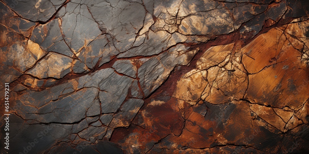 Dark brown rock texture. Rough mountain surface with cracks. Close - up. Stone background with space for design