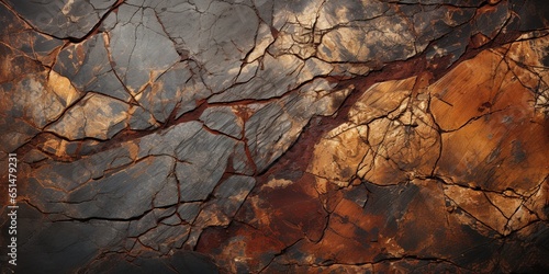 Dark brown rock texture. Rough mountain surface with cracks. Close - up. Stone background with space for design