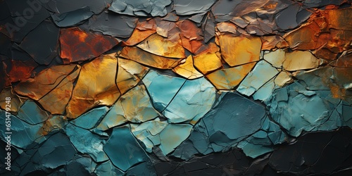 Dark orange blue green teal abstract background. Gradient. Toned rough stone surface with cracks