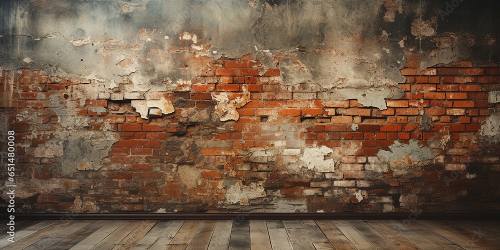 Old brick wall with traces of old plaster, ruined surface. - obrazy, fototapety, plakaty 