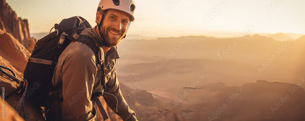 Naklejka premium Climber near the mountain top, beautiful landscape in the sun - The Climbing Sports Series