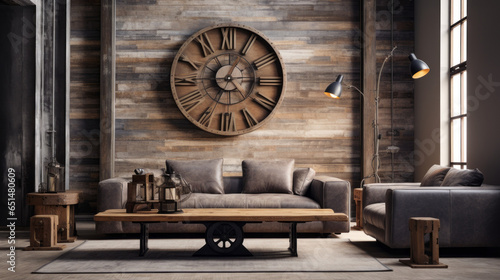 Rustic Industrial Mix Reclaimed wood, metal accents, and leather seating coalesce in this rustic-industrial living room An oversized clock on the wall adds a focal point 