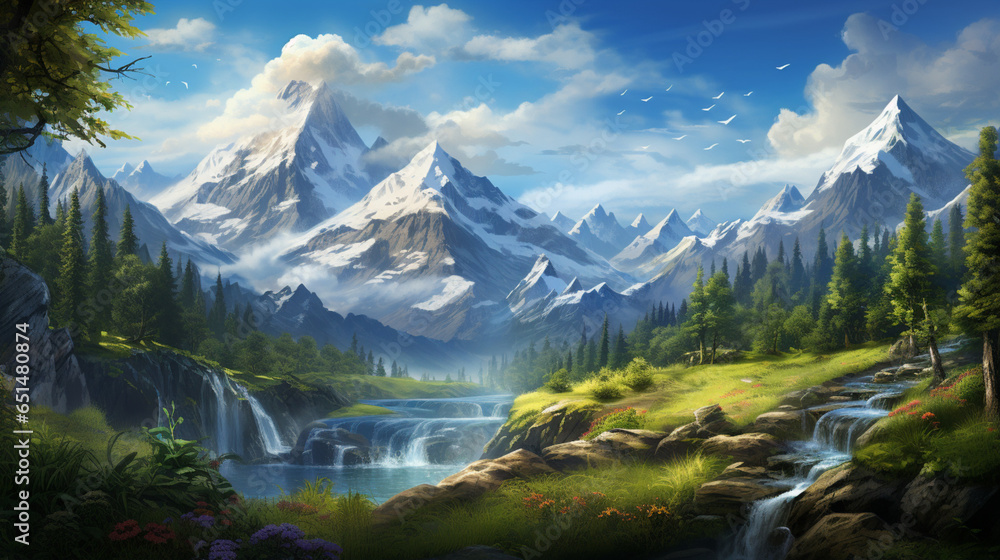 Game-Inspired Landscape: Lush Forests, Towering Mountains, and Vibrant Sky