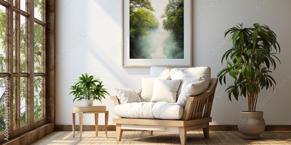 Square vertical frame mockup in boho style bedroom interior with trailing green plants, window, sofa and chair and on a wooden floor.