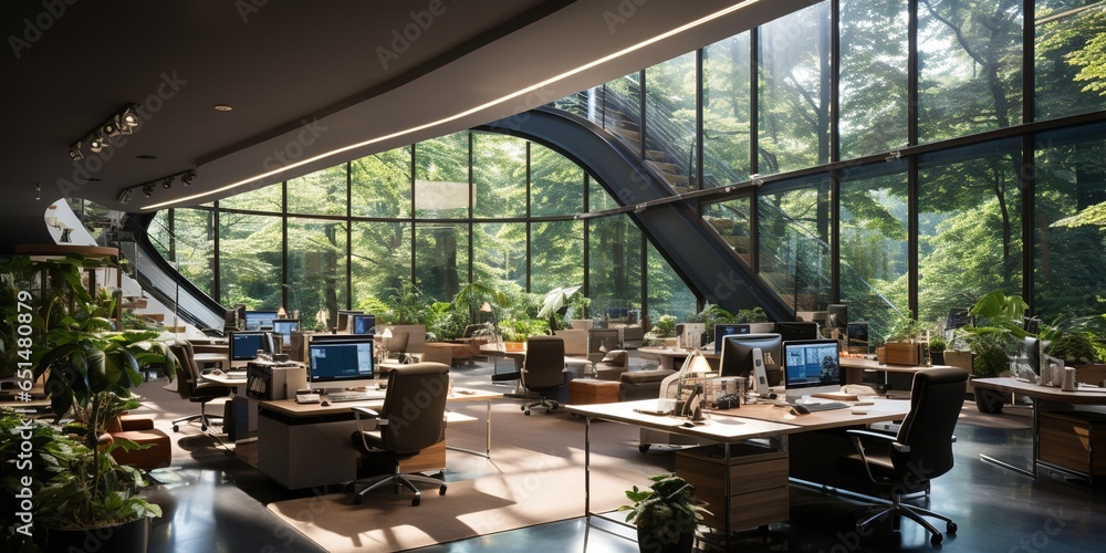 Spacious open space office with modern furniture, office chairs, work desks, green natural plants and led lighting, workspace organization concept Spacious open space office with modern furniture, office chairs, work desks, green natural plants and led lighting, workspace organization concept
