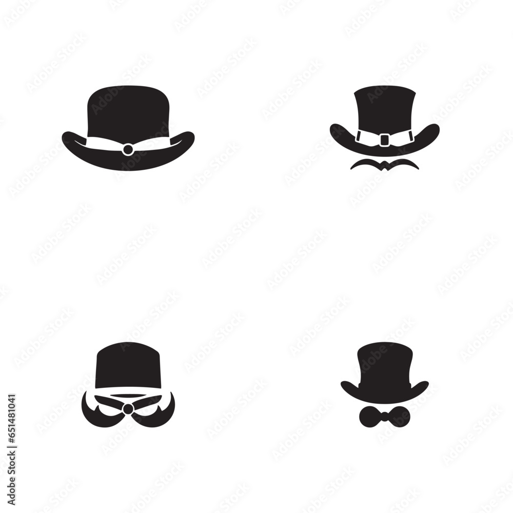 Black and white hat silhouette set 4 element. Hipster themed vector illustration for gift card certificate sticker, badge, sign, stamp, logo, label, icon, poster, patch, banner invitation Black and white hat silhouette set 4 element. Hipster themed vector illustration for gift card certificate sticker, badge, sign, stamp, logo, label, icon, poster, patch, banner invitation