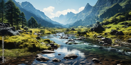 The Great Neel River flows peacefully through the lush green forests and majestic mountains photo