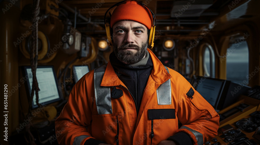 Portrait of a seaman with an orange suit working. Generative AI.