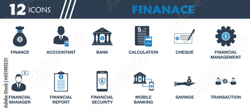 Finance Icon Set. Collection of Accountant, Bank, Cheque, Financial Manager, Report, Security, Savings, Mobile Banking and More Icons. Editable Flat Vector Illustration.