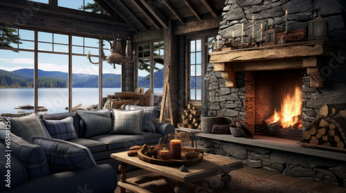 Lakeside Cabin Lounge Channeling rustic lakeside cabin vibes, it features wooden beams, a stone fireplace, and cozy seating that offers serene views of the lake © Textures & Patterns