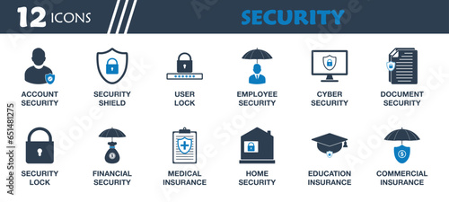 Security Icon Set. Collection of User Lock, Shield, Employee, Cyber, Financial, Education, Home, Account Safety, Medical Insurance and More Icons. Editable Flat Vector Illustration.