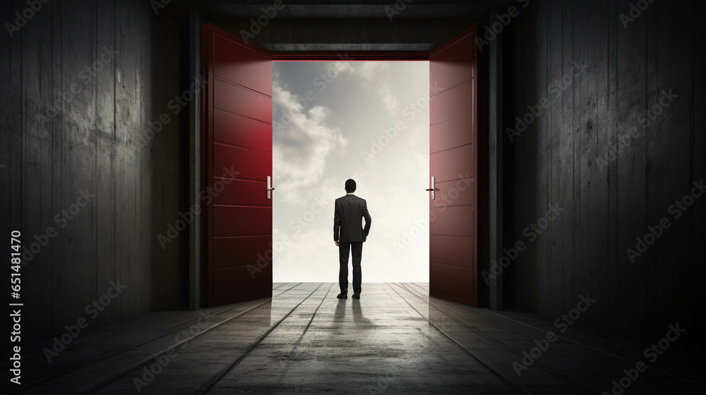 Illustration of business man who opened the doors to success. Generative AI. Illustration of business man who opened the doors to success. Generative AI.