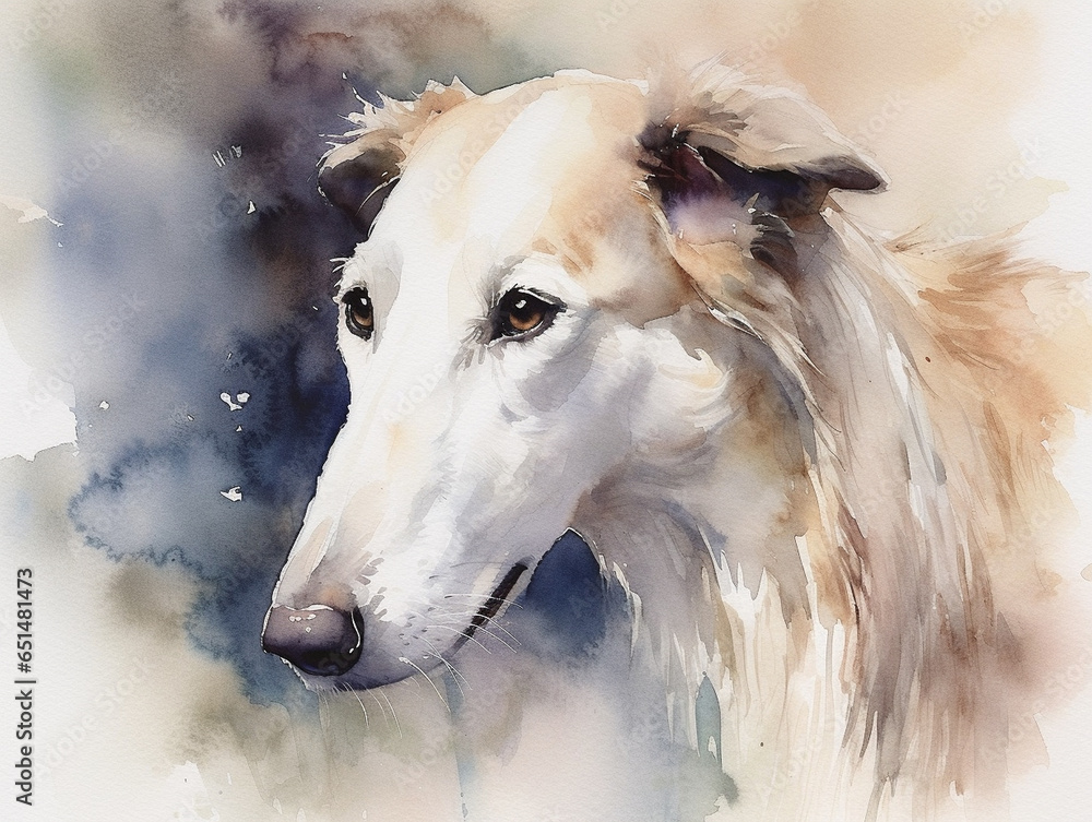 Digital art in the style of a watercolor portrait of a majestic russian borzoi dog. Digital art in the style of a watercolor portrait of a majestic russian borzoi dog.