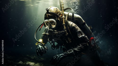 Portrait of a diver working under the sea. Generative AI.