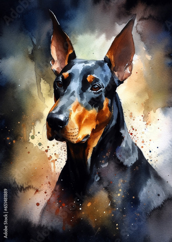 A colorful, digital watercolour painting, showing the portrait of a Doberman Pinscher dog © Boris
