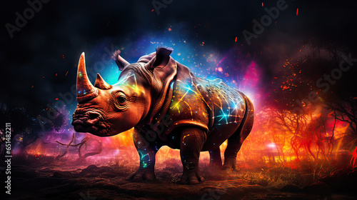 Glowing rhino charging through an abstract savannah of lights.  AI generative