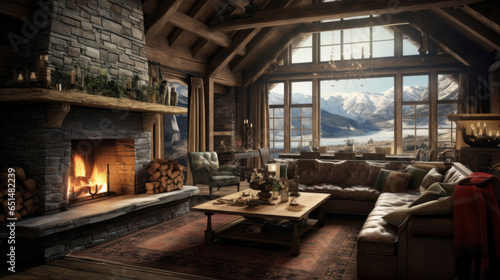 Rustic Mountain Lodge Lounge Inspired by mountain lodges, featuring exposed stone, timber beams, and a massive fireplace  photo