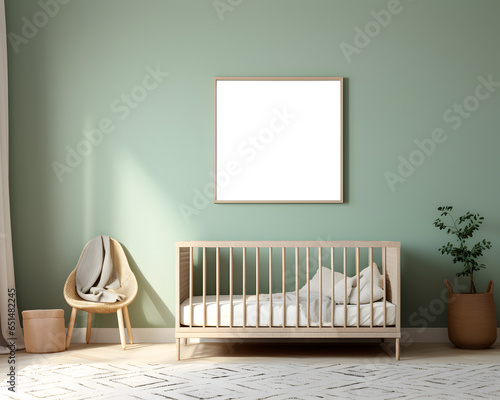 Square frame on the green wall. Mock up frame in kids room, nursery